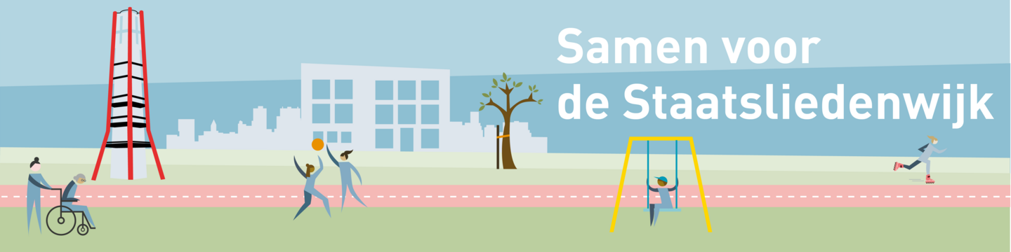 Afbeelding van figuurtjes die spelen, leven en bewegen in Staatsliedenwijk. Op de achtergrond de Slangentoren. Een bekend gebouw in Staatsliedenwijk.