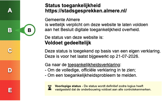 Status toegankelijkheid Status toegankelijkheidslabel van stadsgesprekken.almere.nl. Volg de link voor de volledige toegankelijkheidsverklaring.